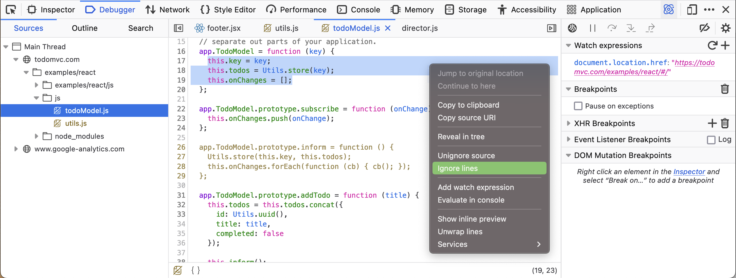 Screenshot showing the context menu item to ignore a selection of lines in a source file.